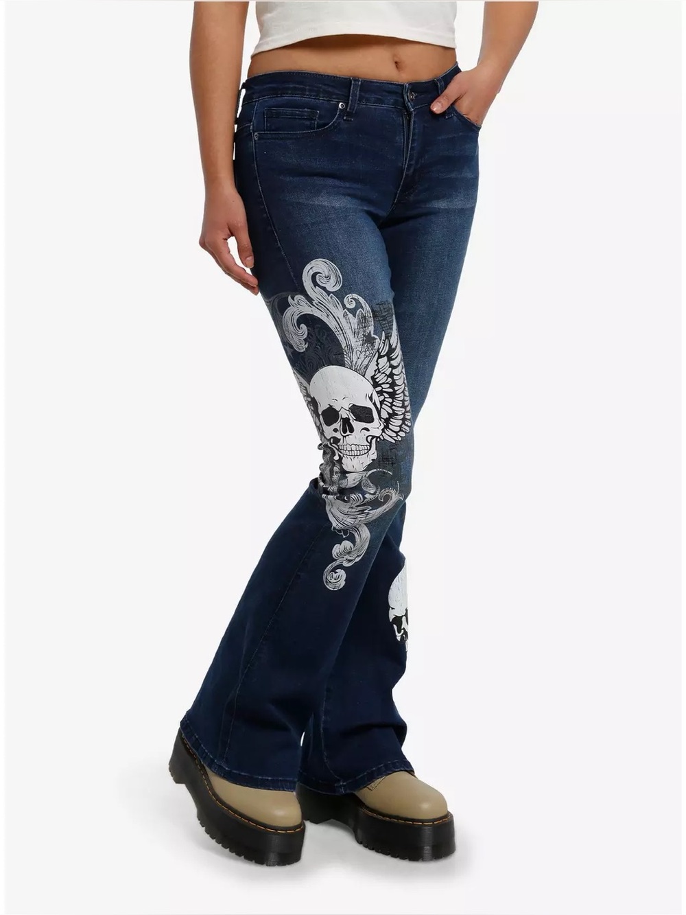 Hot Topic Skull Wing Graphic Flare Leg Jeans Size 9 Dark Wash Stretch Y2K Gothic